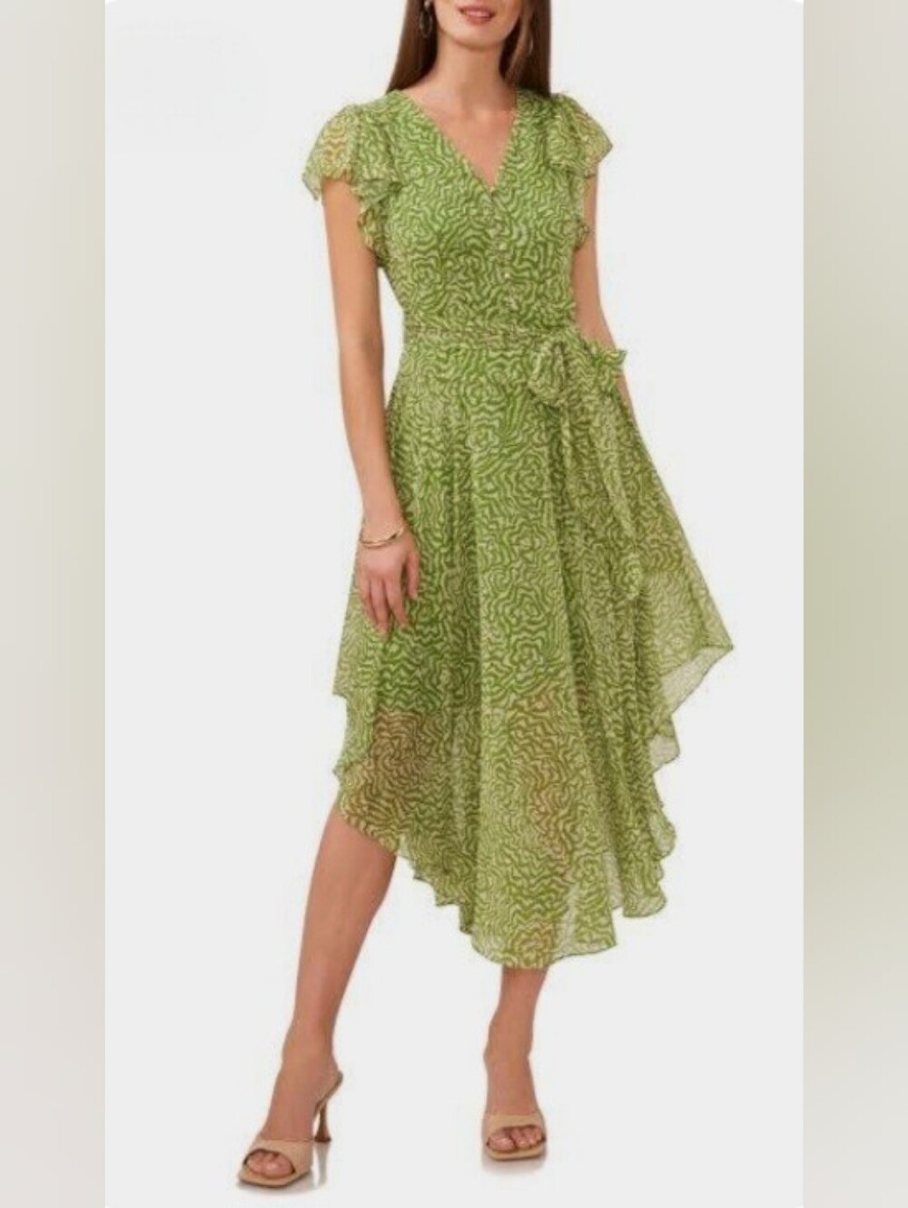 Vince Camuto Maze Print Flutter Sleeve Asymmetric Hem Salted Lime Midi Dress